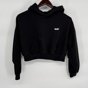 Levi's Hoodie Sweatshirt Womens Medium Black Cropped Fleece Kangaroo Pocket